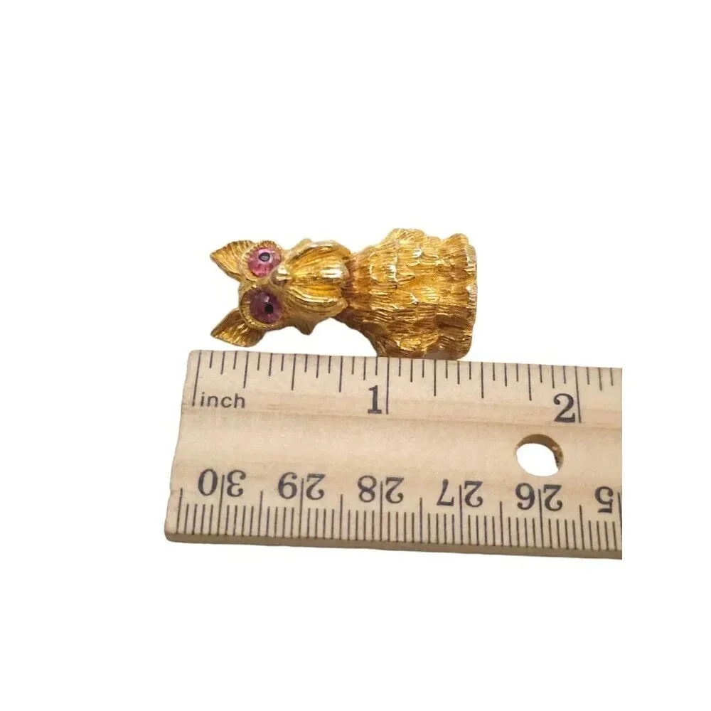 Signed JJ Pink Rhinestone Textured Dog Face Brooch Pin Gold Tone Vintage